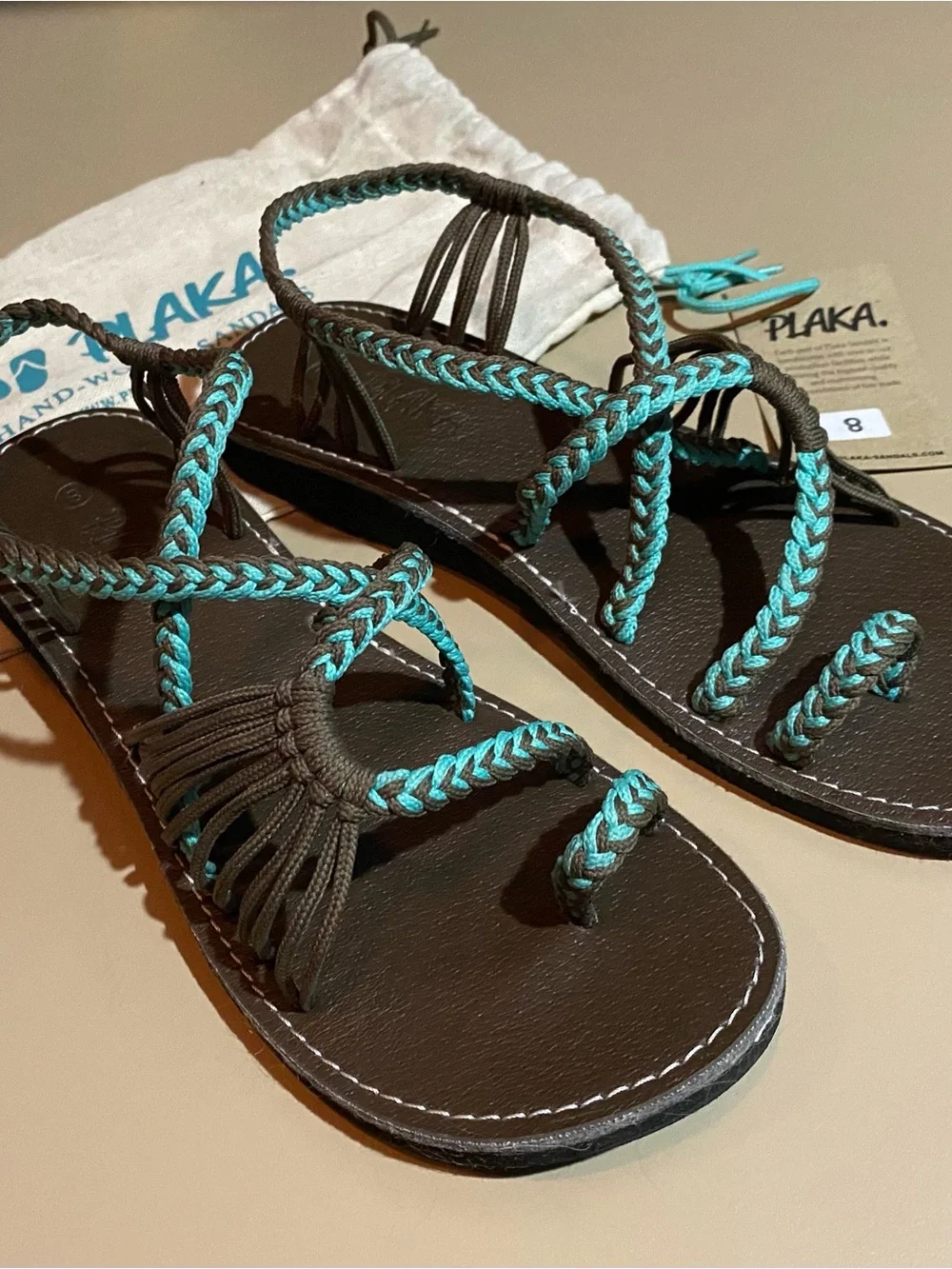 Women’s Braided Brown Leather Sandals with Turquoise Accent